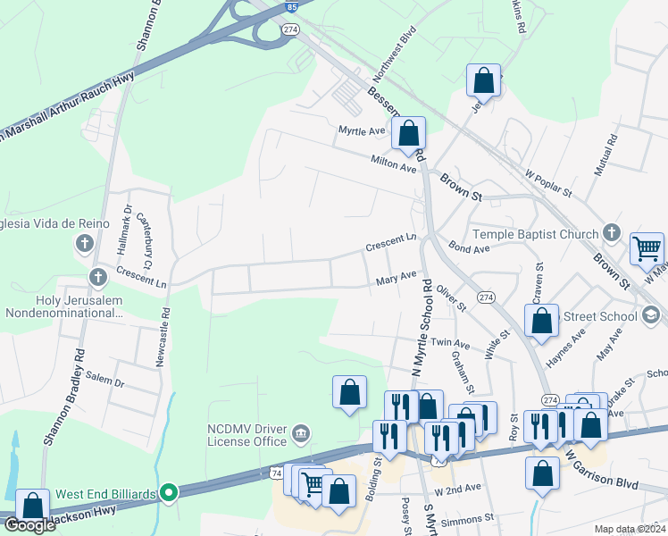 map of restaurants, bars, coffee shops, grocery stores, and more near 2513 Crescent Lane in Gastonia