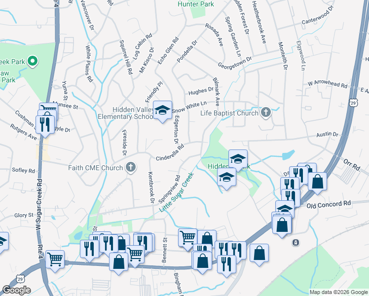 map of restaurants, bars, coffee shops, grocery stores, and more near 5300 Cinderella Road in Charlotte