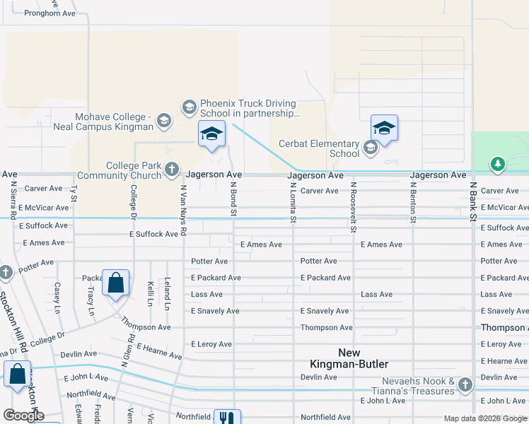 map of restaurants, bars, coffee shops, grocery stores, and more near 2330 McVicar Avenue in Kingman