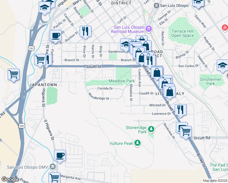 map of restaurants, bars, coffee shops, grocery stores, and more near 2330 Ganador Court in San Luis Obispo