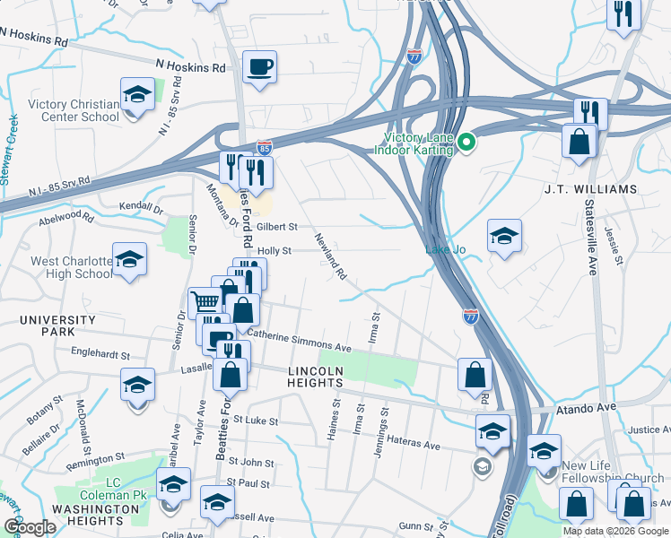 map of restaurants, bars, coffee shops, grocery stores, and more near 2229 Newland Road in Charlotte