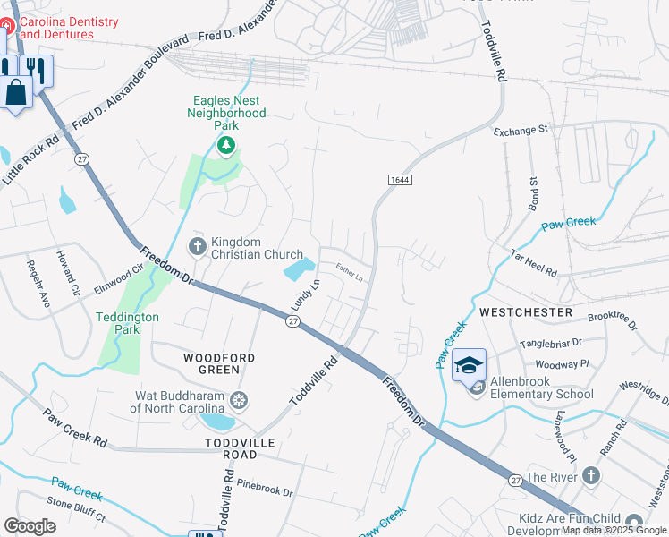 map of restaurants, bars, coffee shops, grocery stores, and more near 5405 Esther Lane in Charlotte