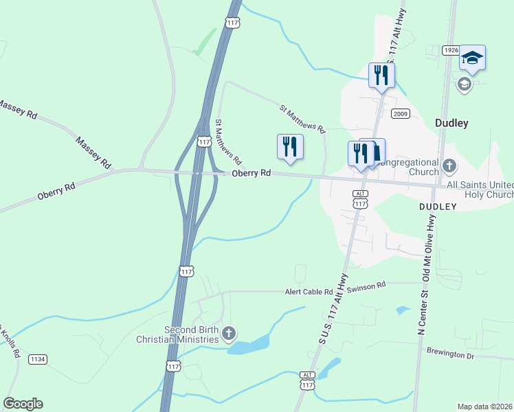 map of restaurants, bars, coffee shops, grocery stores, and more near 239 Oberry Road in Wayne County