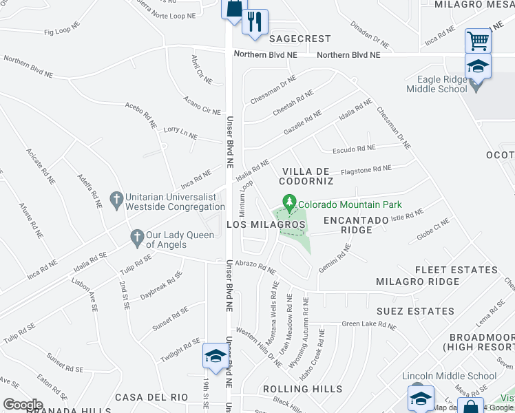 map of restaurants, bars, coffee shops, grocery stores, and more near 548 Minturn Court in Rio Rancho