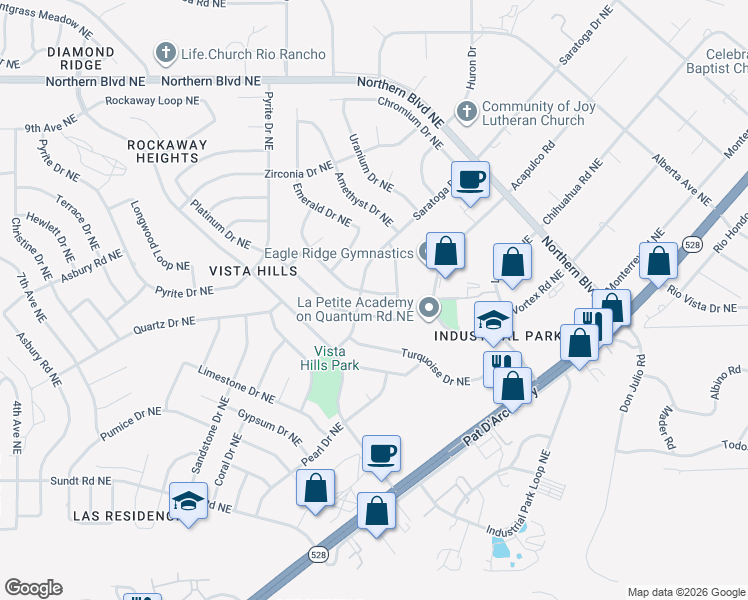 map of restaurants, bars, coffee shops, grocery stores, and more near 4830 Aquamarine Drive Northeast in Rio Rancho