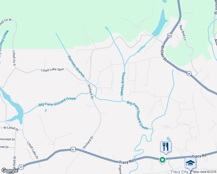 map of restaurants, bars, coffee shops, grocery stores, and more near 61 Lonnie Layne Road in Tracy City