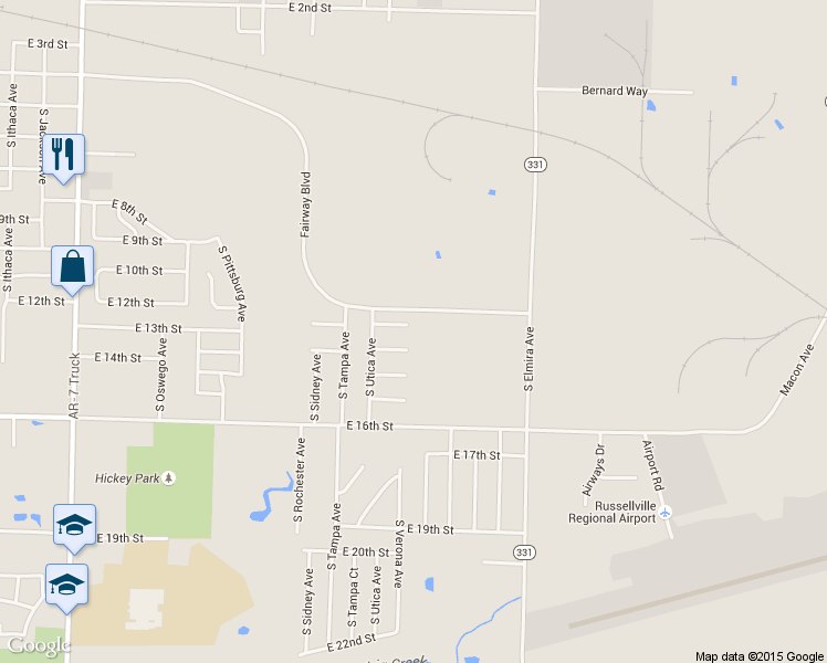 map of restaurants, bars, coffee shops, grocery stores, and more near 2112 East 12th Street in Russellville