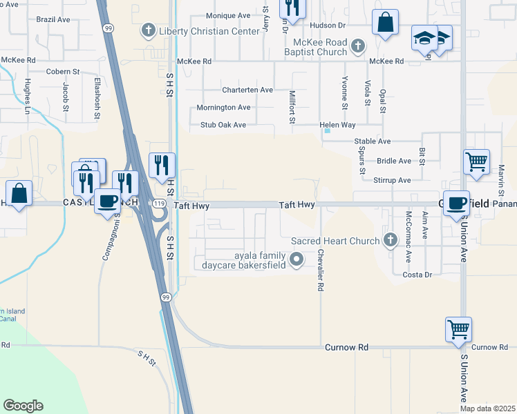 map of restaurants, bars, coffee shops, grocery stores, and more near 1225 Taft Highway in Bakersfield