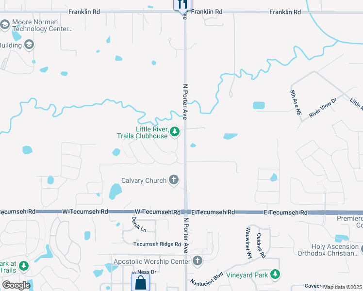 map of restaurants, bars, coffee shops, grocery stores, and more near 3921 Bandera Trail in Norman
