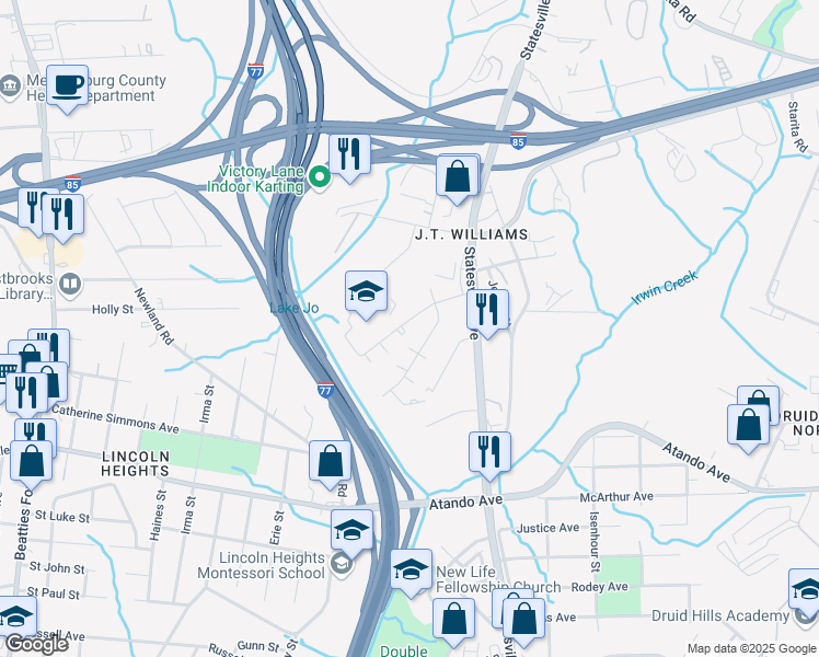 map of restaurants, bars, coffee shops, grocery stores, and more near 2322 Julia Avenue in Charlotte