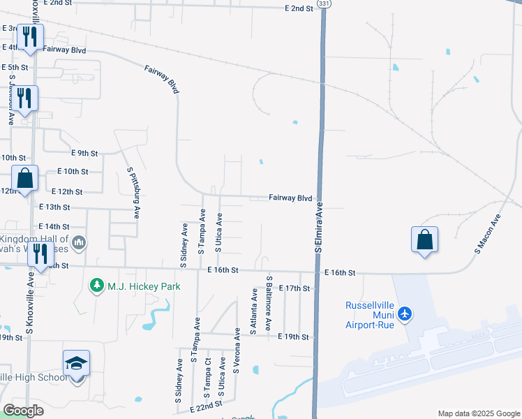 map of restaurants, bars, coffee shops, grocery stores, and more near 2112 East 12th Street in Russellville