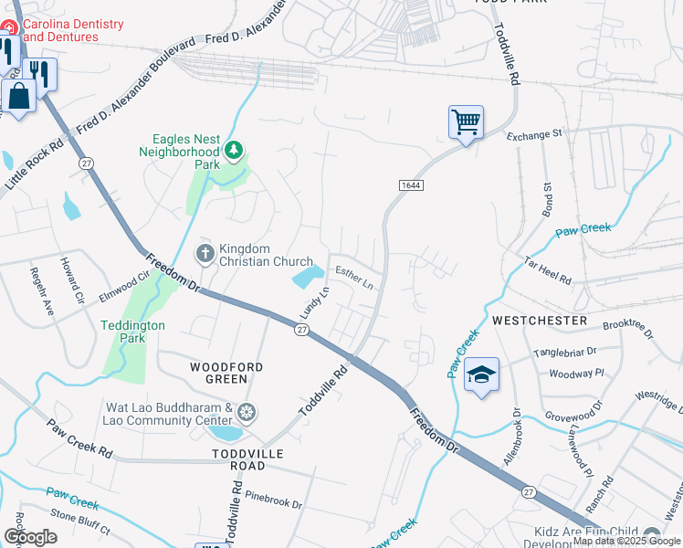 map of restaurants, bars, coffee shops, grocery stores, and more near 5413 Esther Lane in Charlotte