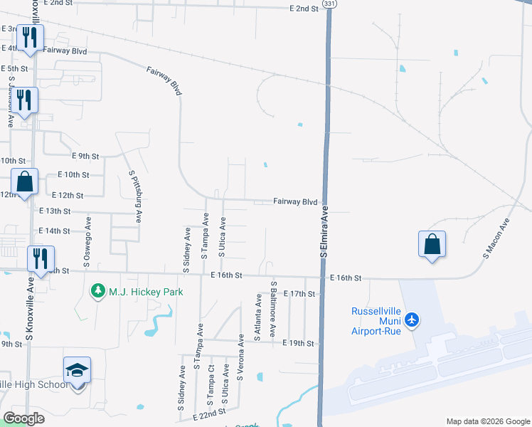 map of restaurants, bars, coffee shops, grocery stores, and more near 2112 East 12th Street in Russellville