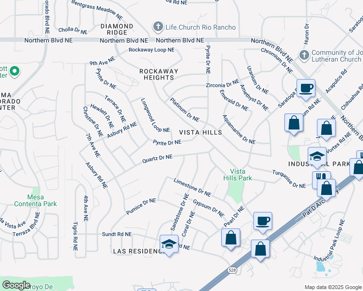 map of restaurants, bars, coffee shops, grocery stores, and more near 476 Pyrite Drive Northeast in Rio Rancho