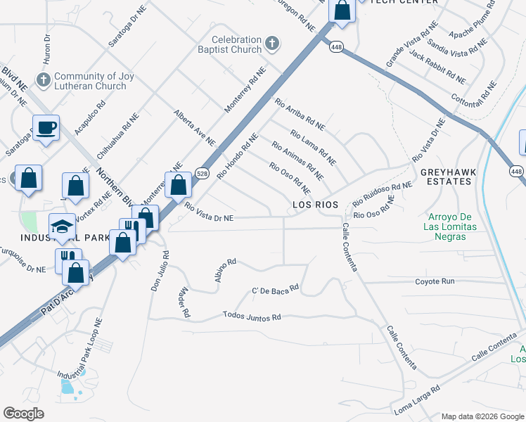 map of restaurants, bars, coffee shops, grocery stores, and more near 5724 Rio Mimbres Road Northeast in Rio Rancho