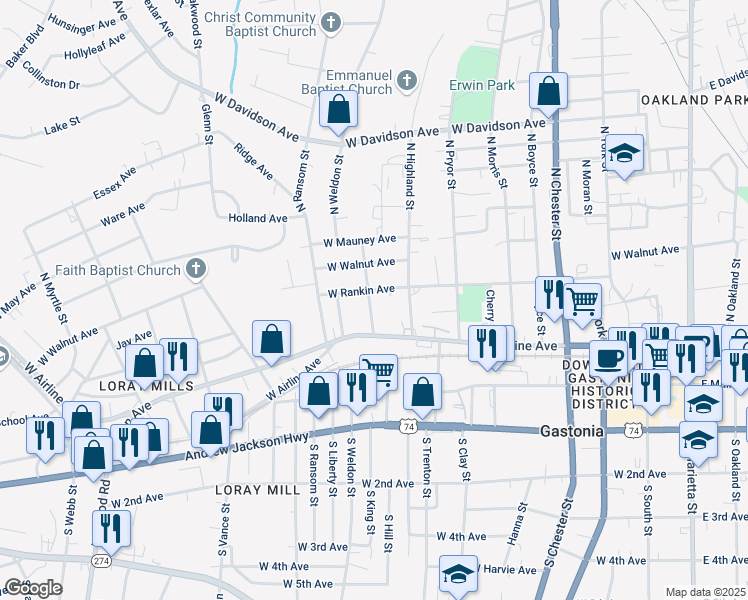 map of restaurants, bars, coffee shops, grocery stores, and more near 210 North King Street in Gastonia