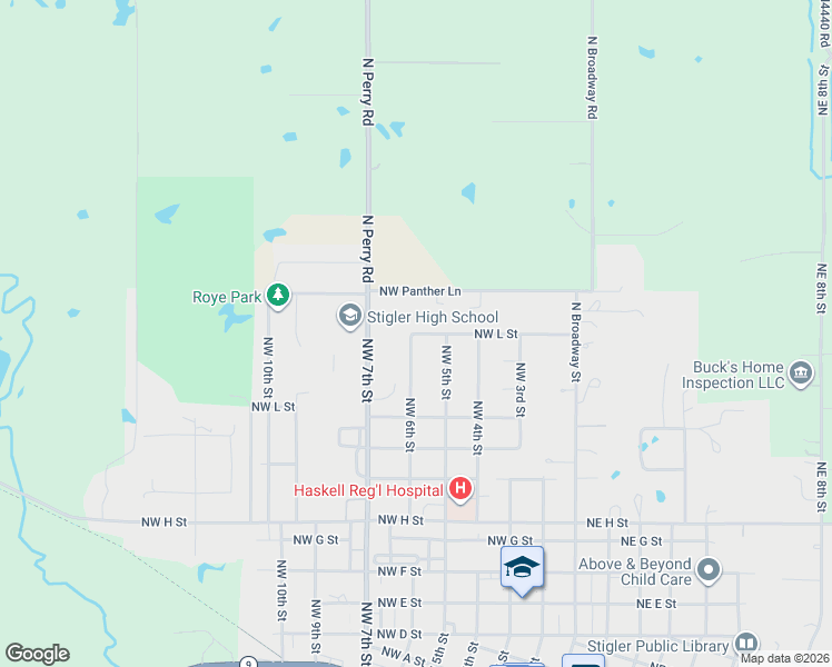 map of restaurants, bars, coffee shops, grocery stores, and more near Northwest L Street in Stigler
