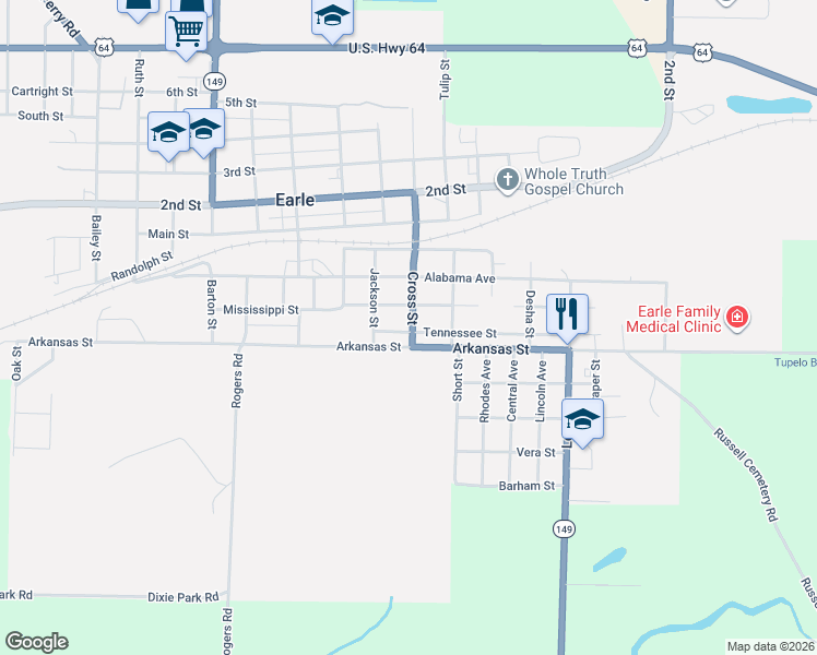 map of restaurants, bars, coffee shops, grocery stores, and more near 818 Tennessee Street in Earle
