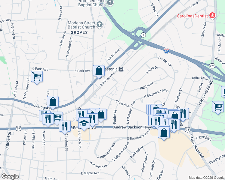 map of restaurants, bars, coffee shops, grocery stores, and more near 1104 Poston Circle in Gastonia