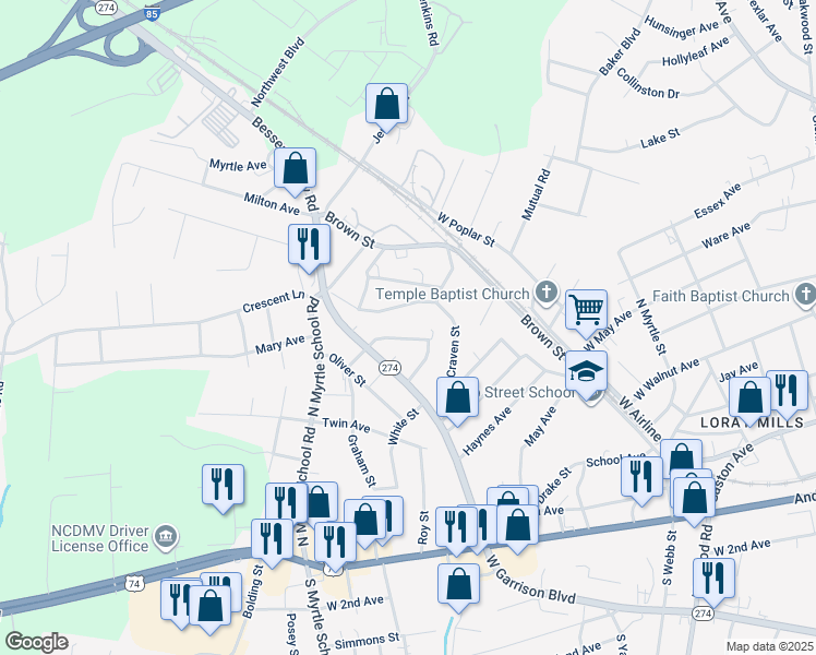 map of restaurants, bars, coffee shops, grocery stores, and more near 1908 Graham Street in Gastonia