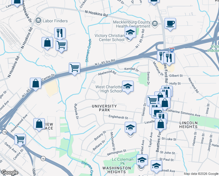 map of restaurants, bars, coffee shops, grocery stores, and more near 2238 English Drive in Charlotte
