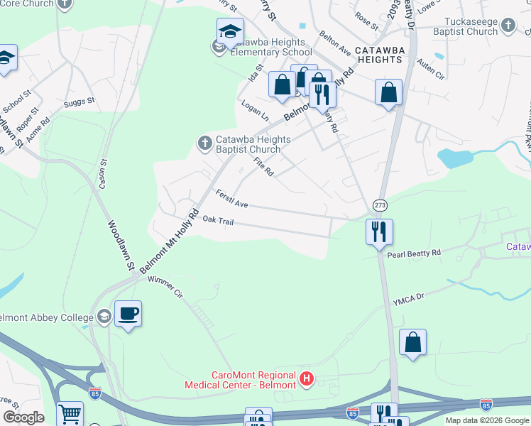 map of restaurants, bars, coffee shops, grocery stores, and more near 121 Oak Trail in Belmont