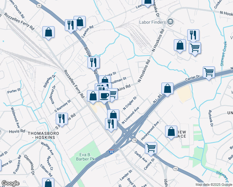 map of restaurants, bars, coffee shops, grocery stores, and more near 338 Clarence Street in Charlotte