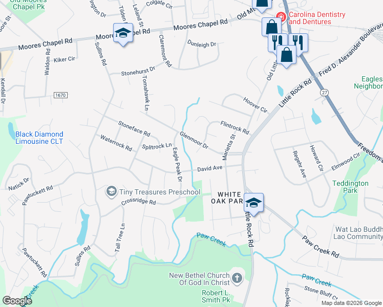 map of restaurants, bars, coffee shops, grocery stores, and more near 7029 Flintrock Road in Charlotte