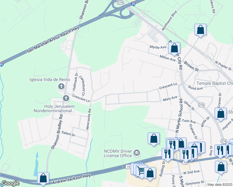 map of restaurants, bars, coffee shops, grocery stores, and more near 2720 Crescent Lane in Gastonia