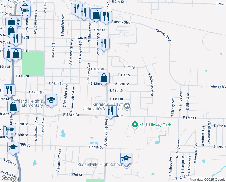map of restaurants, bars, coffee shops, grocery stores, and more near 1122 E 13th St in Russellville