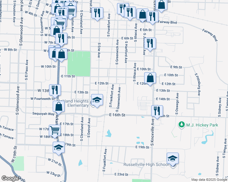 map of restaurants, bars, coffee shops, grocery stores, and more near 1300 South Greenwich Avenue in Russellville