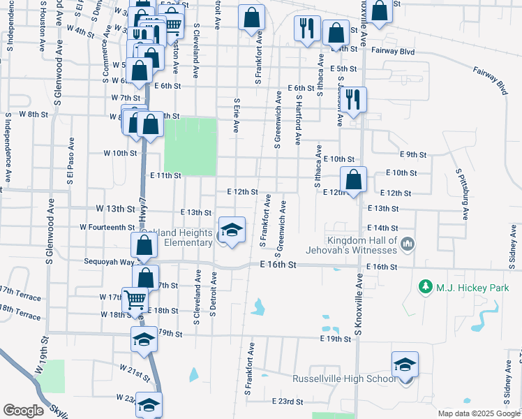 map of restaurants, bars, coffee shops, grocery stores, and more near 509 East 14th Street in Russellville