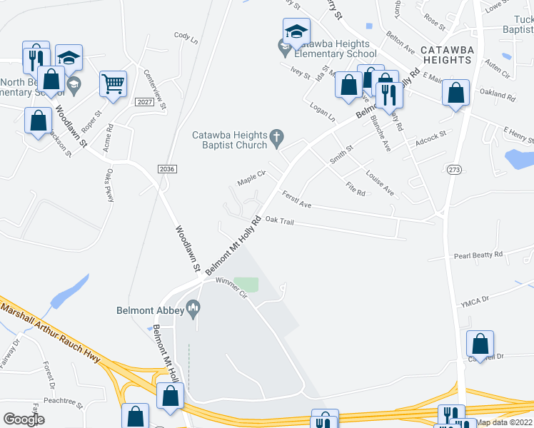 map of restaurants, bars, coffee shops, grocery stores, and more near 97 Oak Trail in Belmont