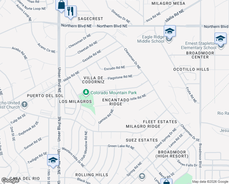 map of restaurants, bars, coffee shops, grocery stores, and more near 2318 Garden Road Northeast in Rio Rancho