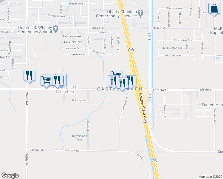map of restaurants, bars, coffee shops, grocery stores, and more near California 119 in Bakersfield