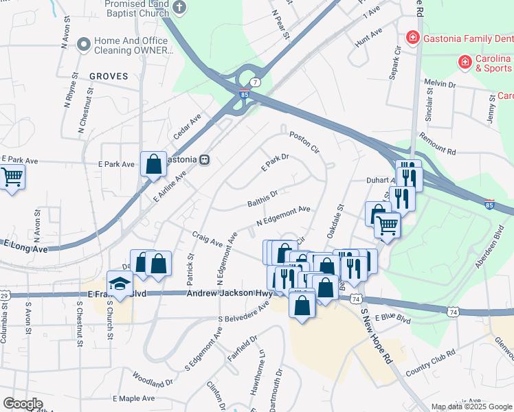 map of restaurants, bars, coffee shops, grocery stores, and more near 1129 Balthis Drive in Gastonia