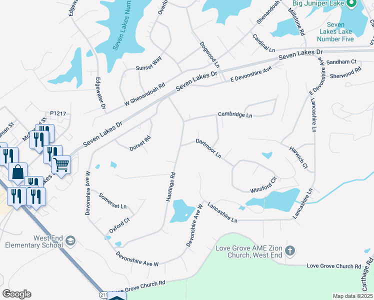 map of restaurants, bars, coffee shops, grocery stores, and more near 102 Dartmoor Lane in Seven Lakes