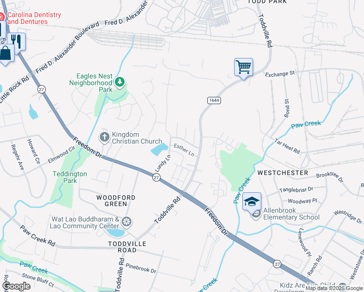 map of restaurants, bars, coffee shops, grocery stores, and more near 5388 Esther Lane in Charlotte