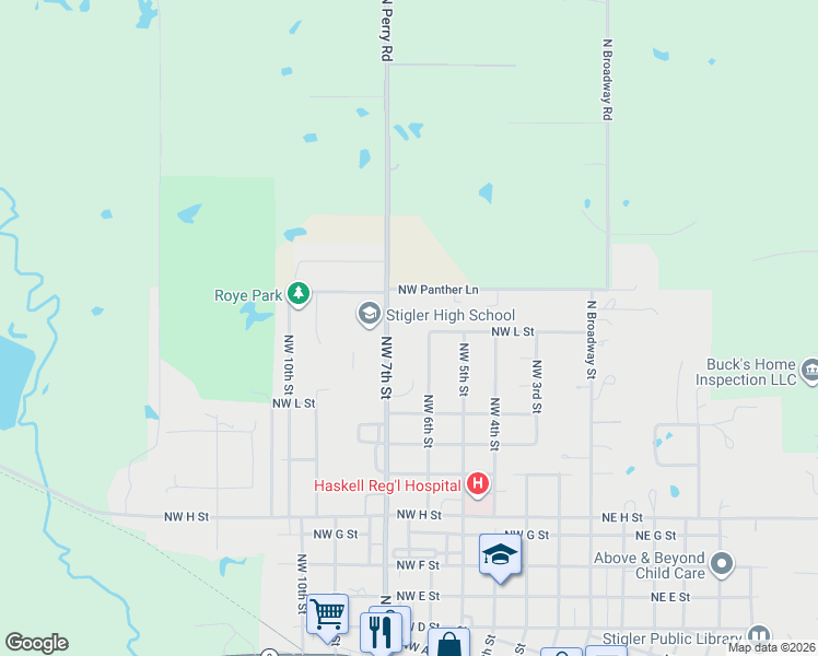 map of restaurants, bars, coffee shops, grocery stores, and more near 1201-1299 Northwest 6th Street in Stigler