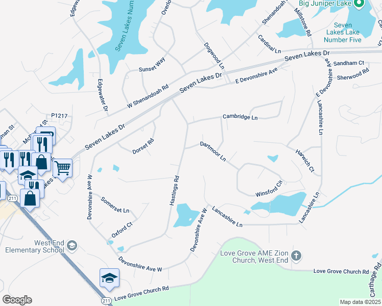 map of restaurants, bars, coffee shops, grocery stores, and more near 102 Dartmoor Lane in Seven Lakes
