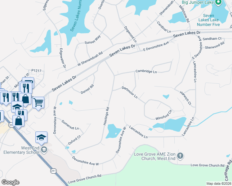 map of restaurants, bars, coffee shops, grocery stores, and more near 113 Hastings Road in Seven Lakes