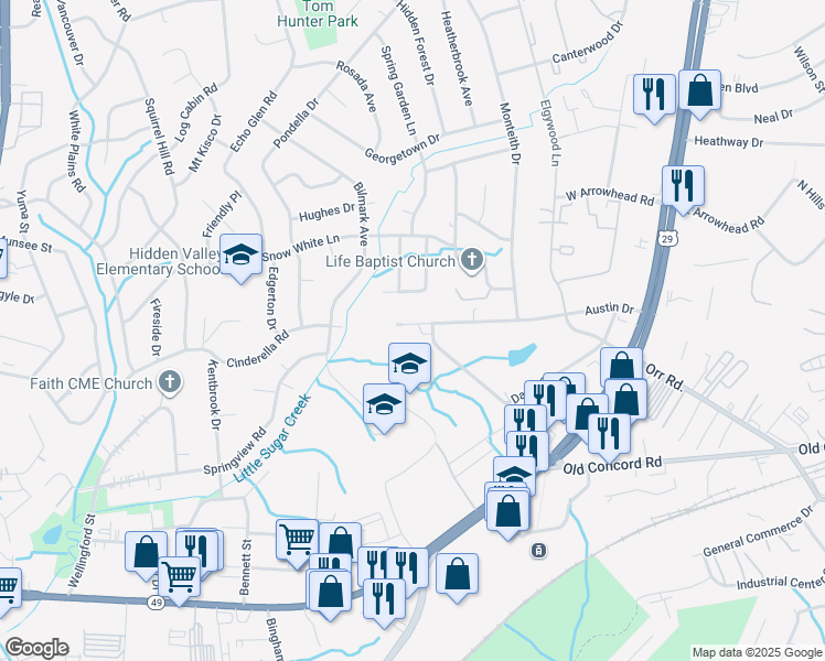 map of restaurants, bars, coffee shops, grocery stores, and more near 611 Austin Drive in Charlotte