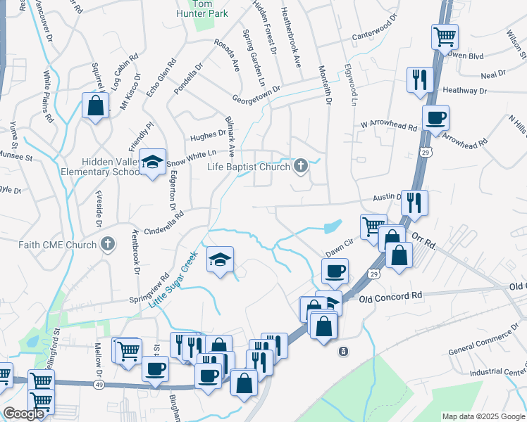 map of restaurants, bars, coffee shops, grocery stores, and more near 611 Austin Drive in Charlotte