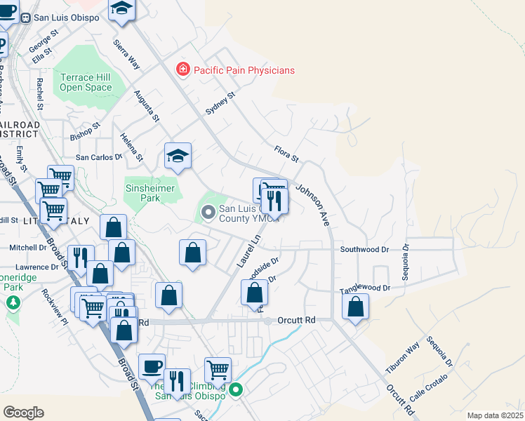 map of restaurants, bars, coffee shops, grocery stores, and more near 3051 Augusta Street in San Luis Obispo