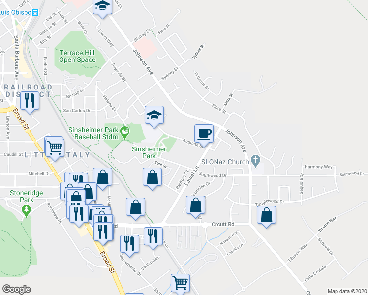 map of restaurants, bars, coffee shops, grocery stores, and more near 1070 Southwood Drive in San Luis Obispo