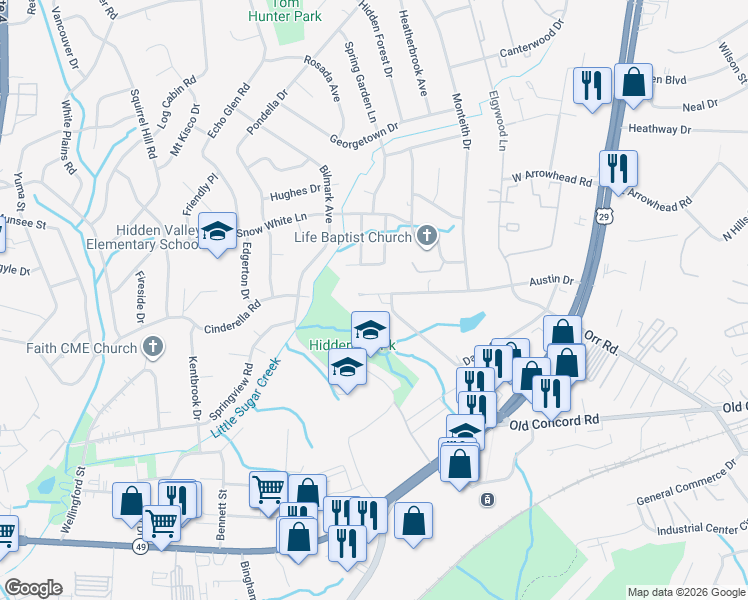 map of restaurants, bars, coffee shops, grocery stores, and more near 611 Austin Drive in Charlotte