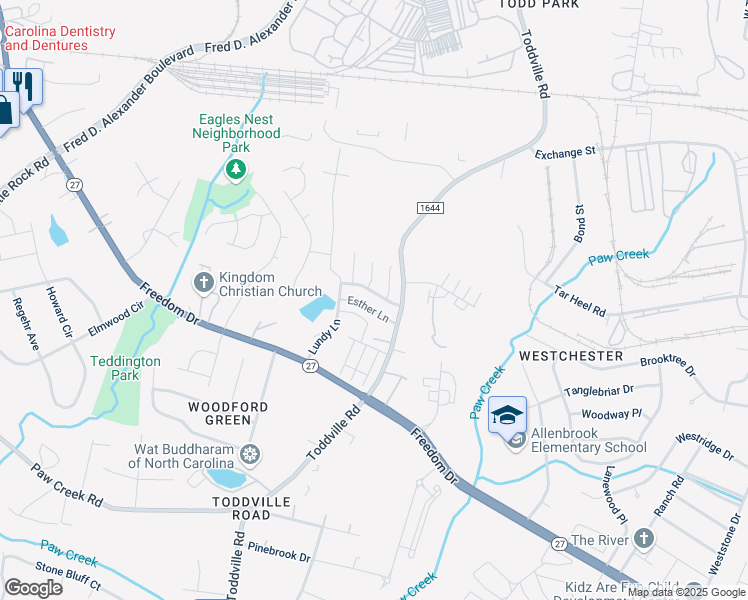 map of restaurants, bars, coffee shops, grocery stores, and more near 5334 Esther Lane in Charlotte