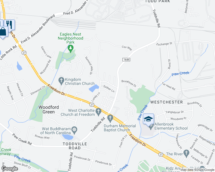 map of restaurants, bars, coffee shops, grocery stores, and more near 5413 Esther Lane in Charlotte