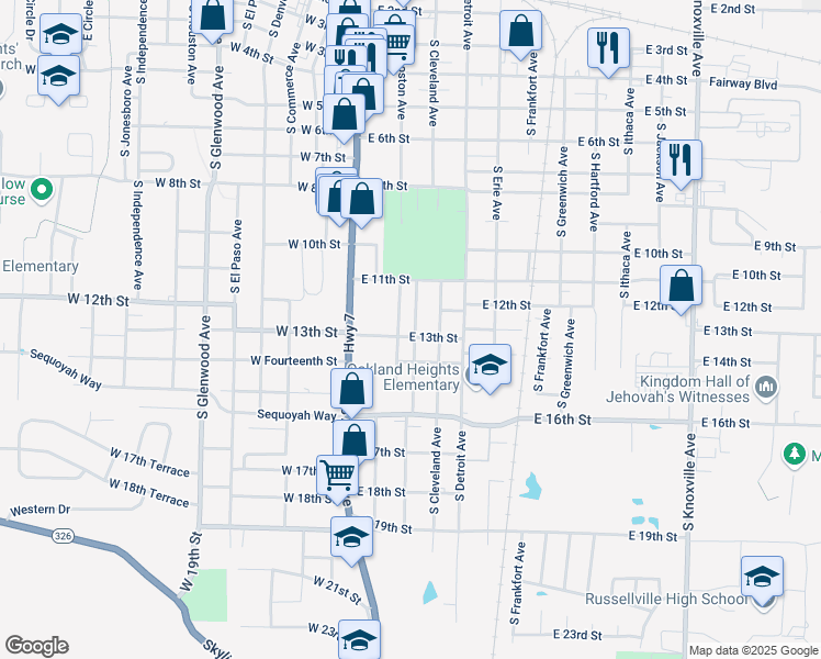 map of restaurants, bars, coffee shops, grocery stores, and more near 206 East 13th Street in Russellville
