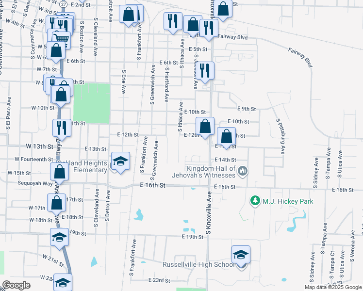 map of restaurants, bars, coffee shops, grocery stores, and more near 1301 South Ithaca Avenue in Russellville